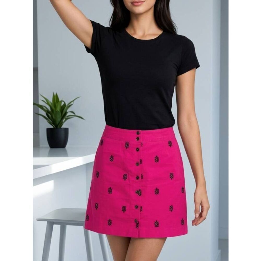 🔹️Lilly Pulitzer Pink Corduroy & Brown Embroider Turtle Buttoned Skirt Size 4